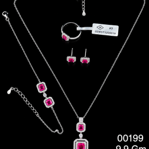HYH Jewelry – Emerald-Cut Ruby Red Zircon Double Tiered Micro-Pave Halo Jewelry Set (Necklace, Bracelet, Earrings & Ring)