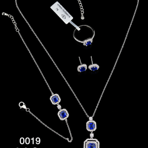 HYH Jewelry – Emerald-Cut Sapphire Blue Zircon Double Tiered Micro-Pave Halo Jewelry Set (Necklace, Bracelet, Earrings & Ring)