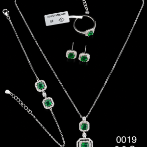 HYH Jewelry – Emerald-Cut Emerald Green Zircon Double Tiered Micro-Pave Halo Jewelry Set (Necklace, Bracelet, Earrings & Ring)