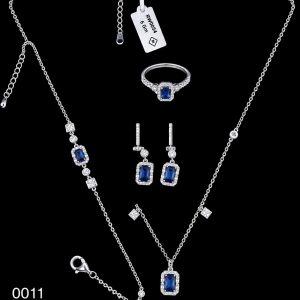 HYH Jewelry – Royal Emerald-Cut Sapphire Blue Zircon Stationed Halo Jewelry Set (Necklace, Bracelet, Earrings & Ring)