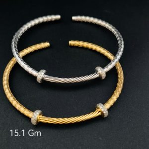 HYH Jewelry – Elegant Dual Pave Zircon Station Ring Woven Cable Open Cuff Bangle Bracelet (Gold & Silver Dual Pack)