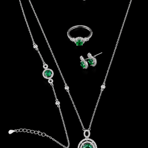 HYH Jewelry – Regal Emerald Green Round Zircon Concentric Circle Halo Jewelry Set (Necklace, Bracelet, Earrings & Ring)