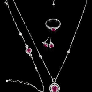 HYH Jewelry – Regal Ruby Red Round Zircon Concentric Circle Halo Jewelry Set (Necklace, Bracelet, Earrings & Ring)