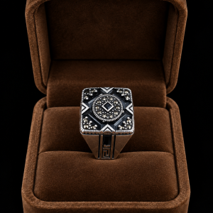 HYH Jewelry – Square Black Enamel Marcassite Geometric Silver Ring in 925 Sterling Silver